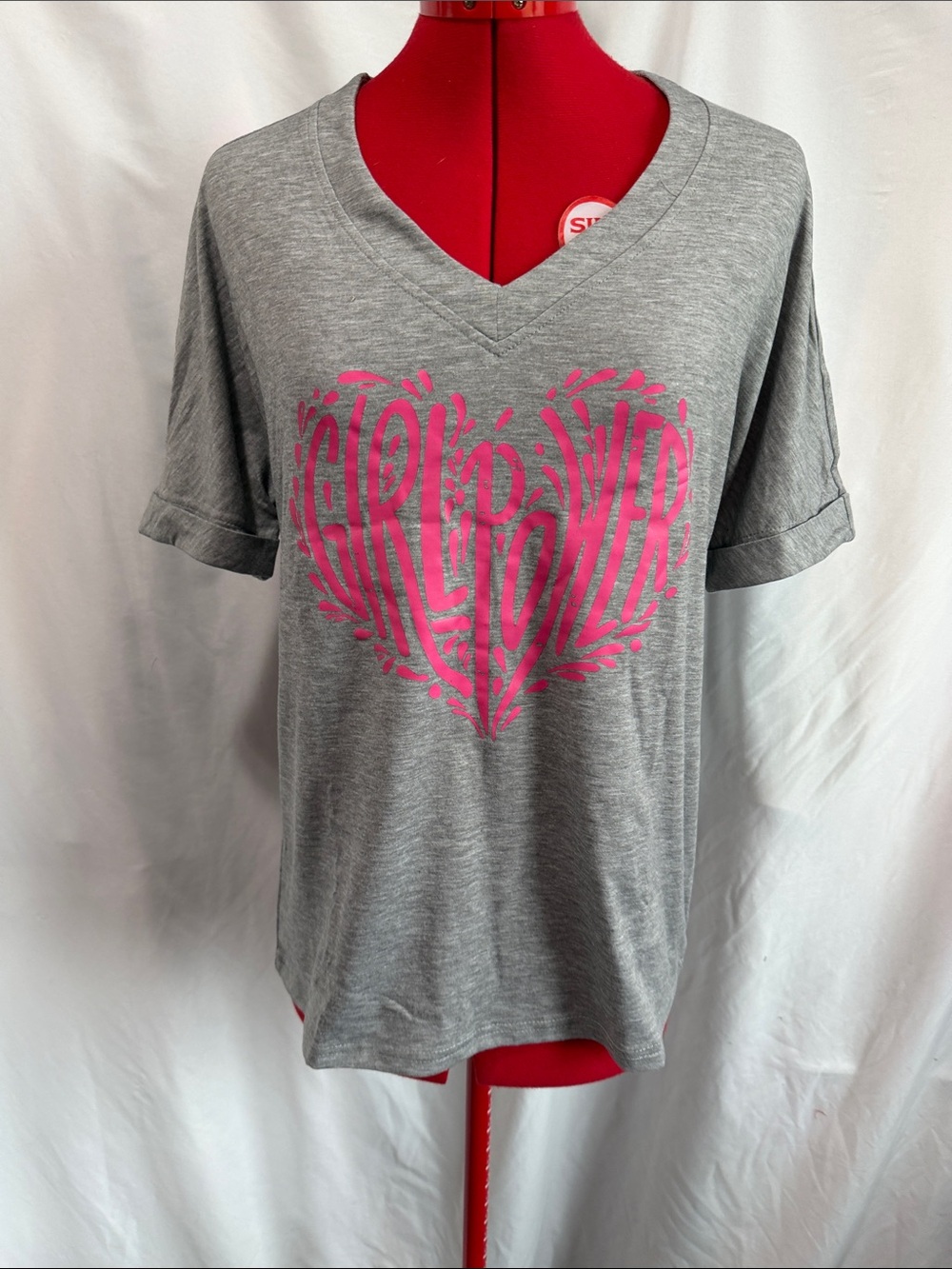 Girl Power Heart Graphic V-Neck Tee - Gray with Pink Print